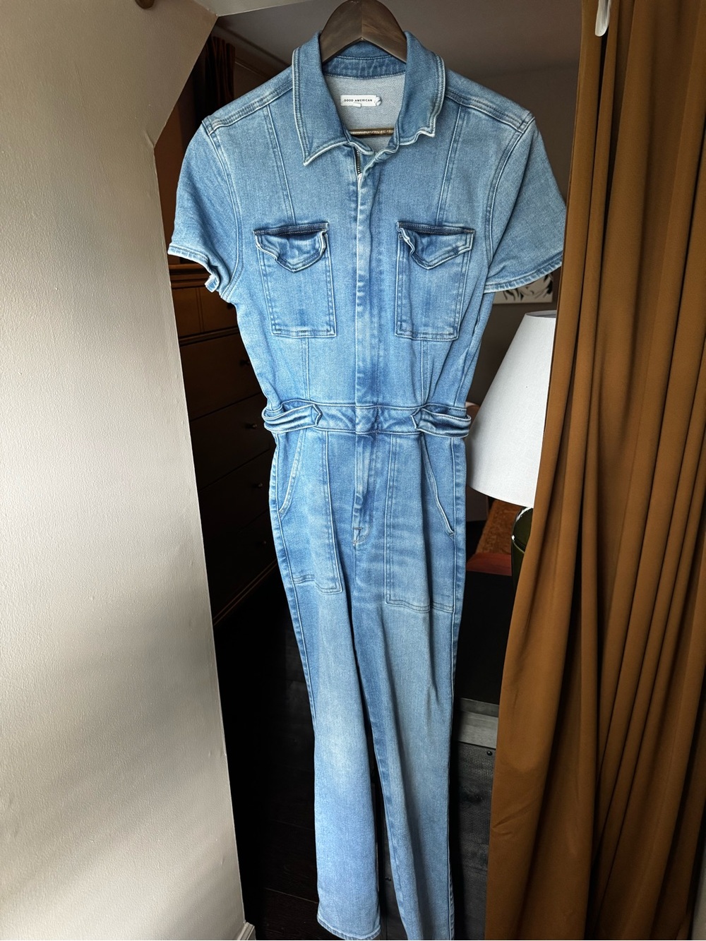 Good American Light Blue Denim Bootcut Jumpsuit